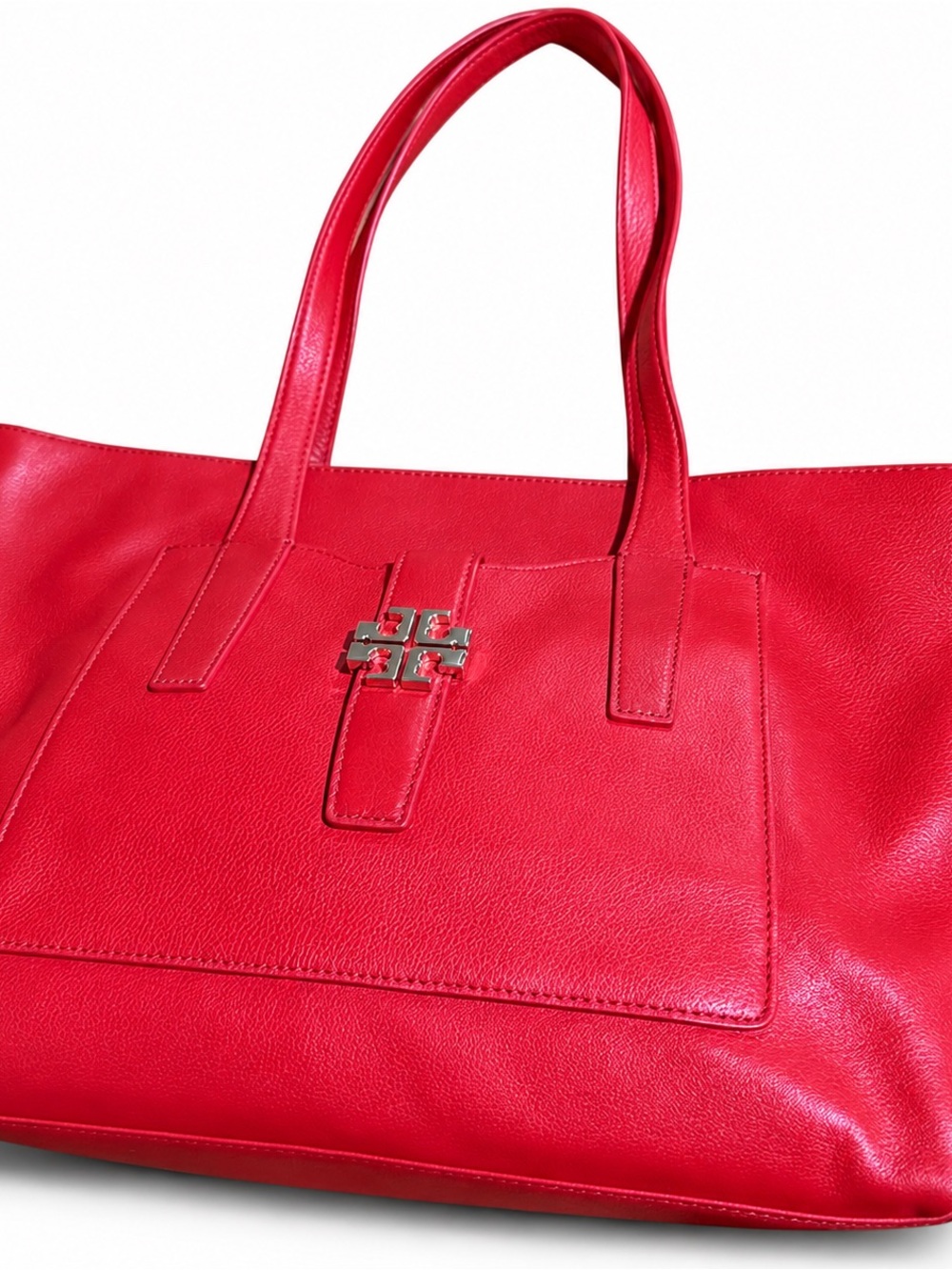 Tory Burch Red Leather Tote with Silver Emblem